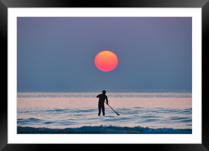Polzeath  paddleboarder at sunset Framed Mounted Print by Simon Maycock