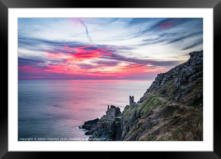 Vivid sunset on the Cornish coast at Botallack tin mines Framed Mounted Print by Simon Maycock