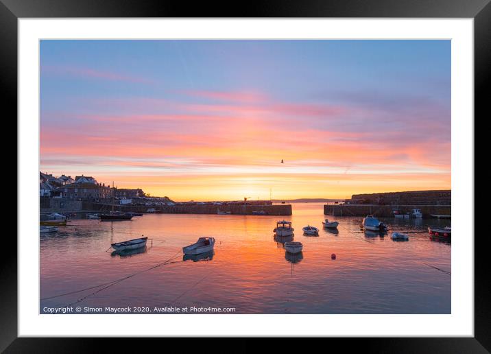 Mousehole sunrise looking out to sea Framed Mounted Print by Simon Maycock