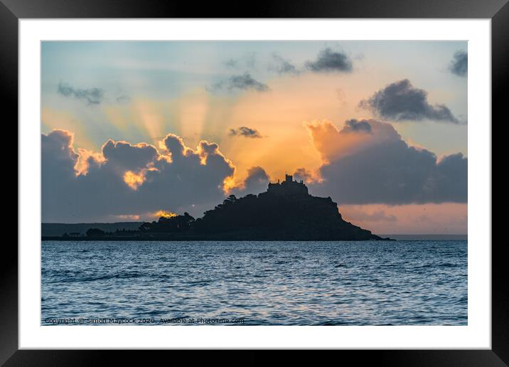 St Michaels Mount sunrays Framed Mounted Print by Simon Maycock