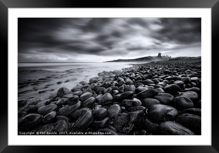 Dunstanburgh Boulders Black and White Framed Mounted Print by Phil Buckle