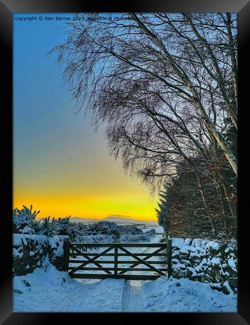 Gate in Winter at Sunset  Framed Print by Alan Barnes