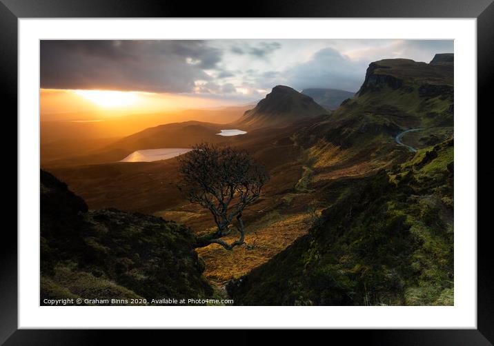Forced Aura – Quiraing lone tree, Isle of Skye Sun Framed Mounted Print by Graham Binns