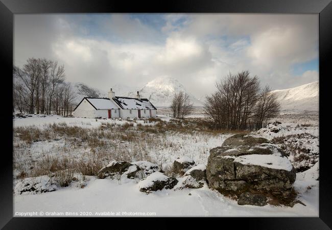 Black Rock Cottage, snowy Scottish scene. Glencoe Framed Print by Graham Binns