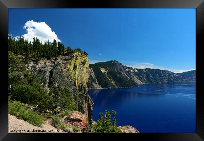 Crater Lake And Lava Cliff Framed Print by Christiane Schulze