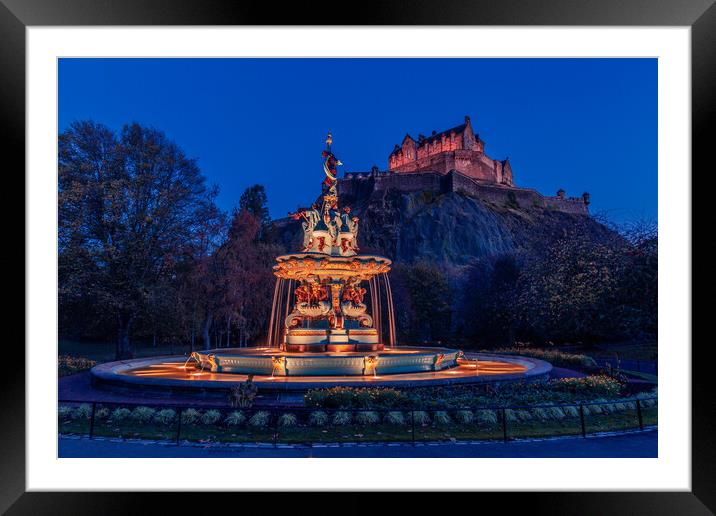 Ross Fountain and Edinburgh Castle at Night Framed Mounted Print by John Frid