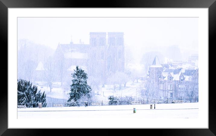 Inverness Cathedral in a snowstorm Framed Mounted Print by John Frid