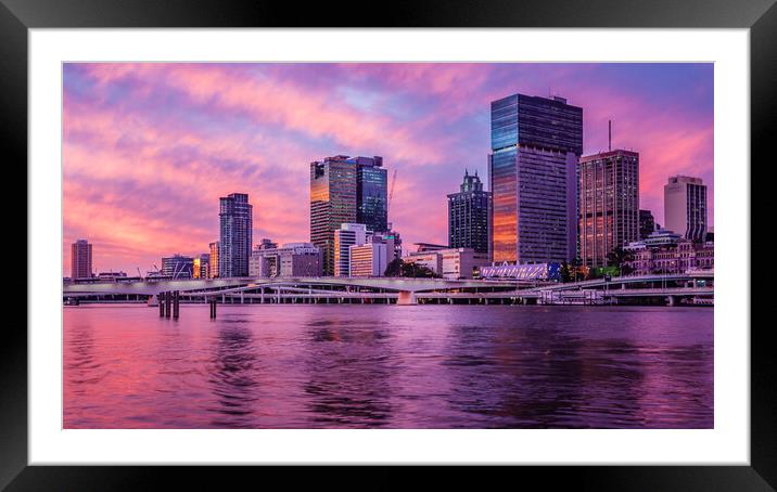 Brisbane Skyline at Sunset Framed Mounted Print by John Frid