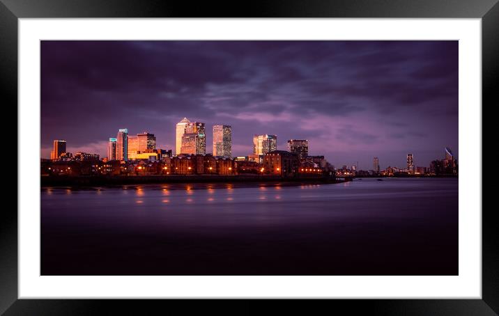 Canary Wharf and River Thames at Sunset Framed Mounted Print by John Frid