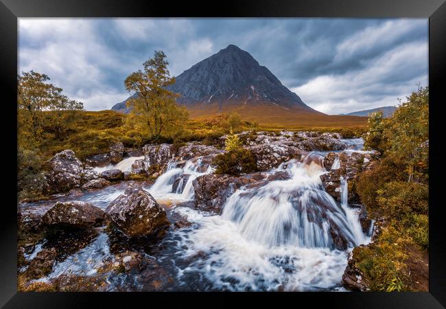 Buachaille Etive Mor and River Coupall Waterfall Framed Print by John Frid