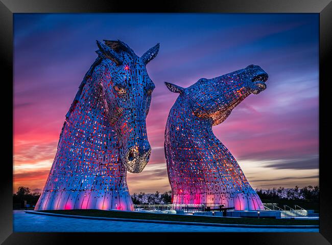 The Kelpies at Sunset Framed Print by John Frid