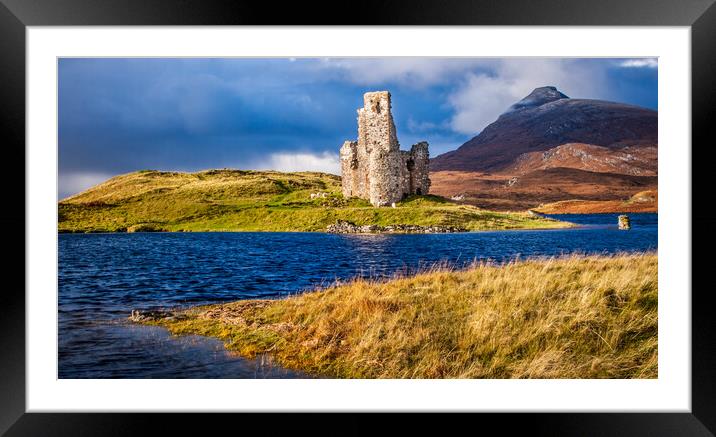 The ruins of Ardvreck Castle on Loch Assynt Framed Mounted Print by John Frid