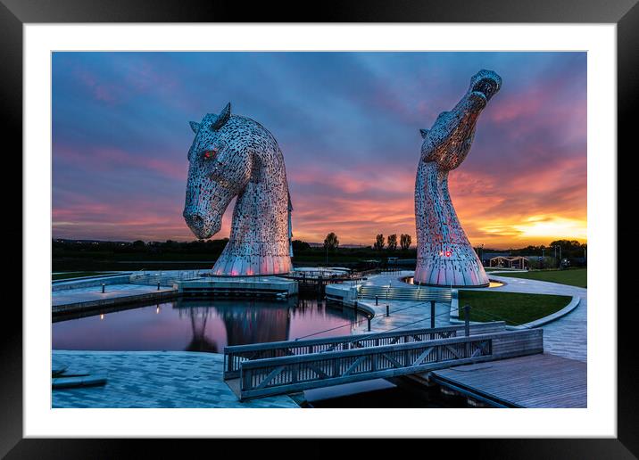 The Kelpies of Falkirk at Sunset Framed Mounted Print by John Frid