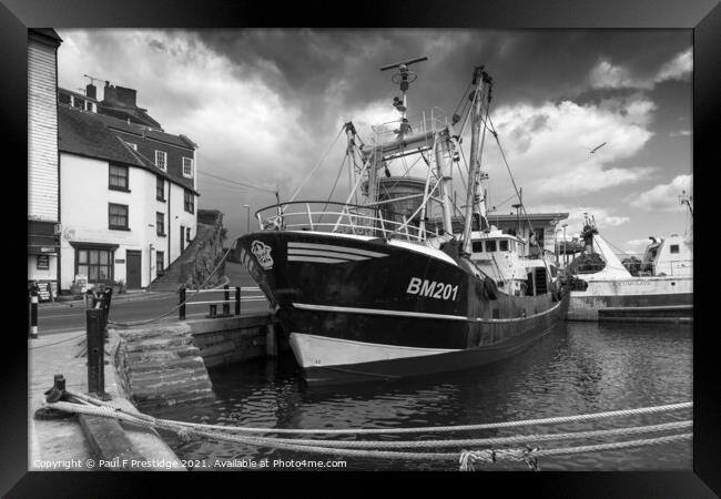 Brixham Trawler at the Quayside Monochrome Framed Print by Paul F Prestidge