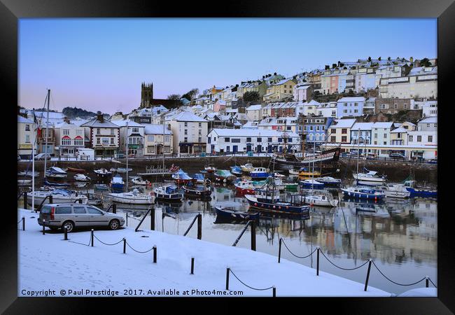 Brixham Harbour Snow Framed Print by Paul F Prestidge