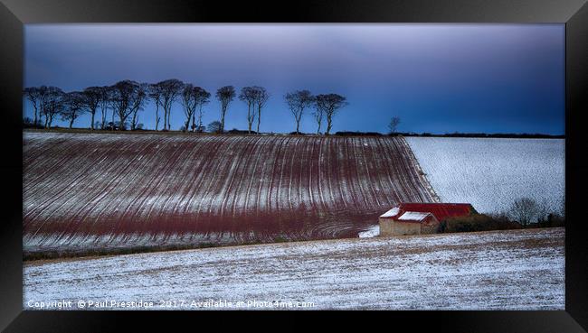 Red Roofed Barn in Snow Framed Print by Paul F Prestidge