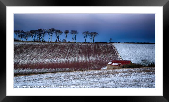 Red Roofed Barn in Snow Framed Mounted Print by Paul F Prestidge