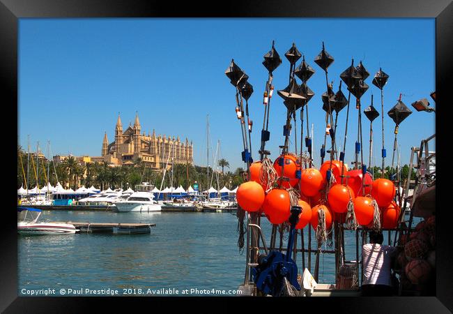 Fhing Boat Floats and Palma Cathedral, Mallorca Framed Print by Paul F Prestidge