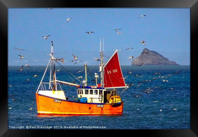 Little Orange Fishing Boat with Seagulls Framed Print by Paul F Prestidge