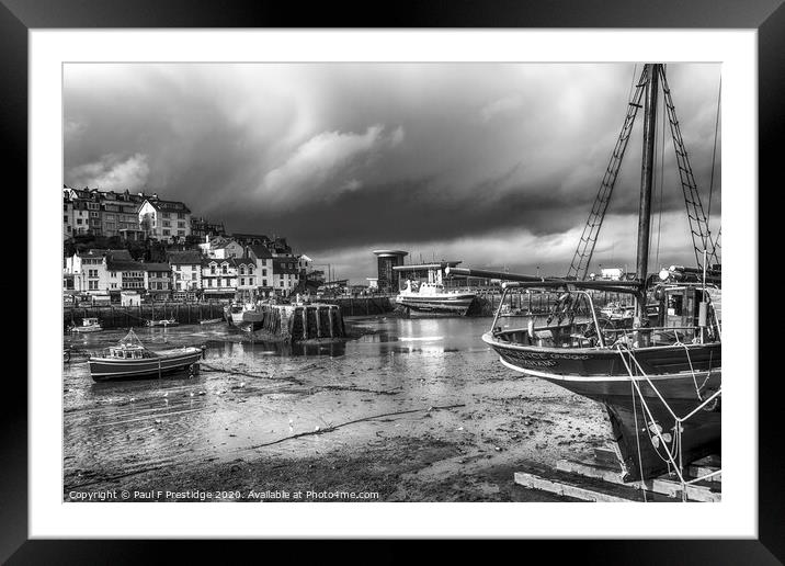 Low Tide at Brixham Harbour Monochrome Framed Mounted Print by Paul F Prestidge