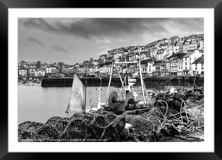 Pots and Nets at Brixham Monochrome Framed Mounted Print by Paul F Prestidge