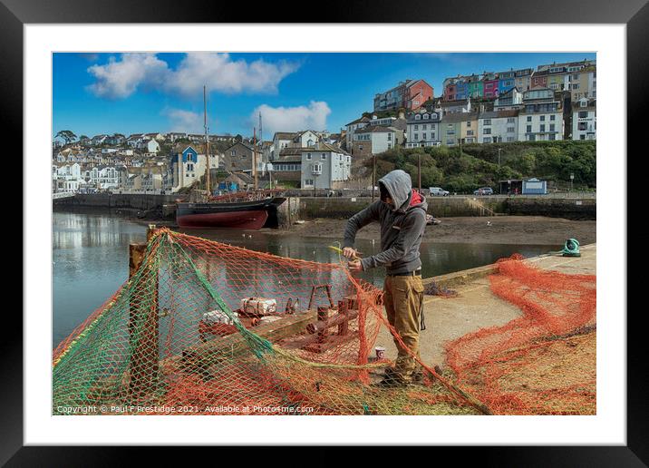 Mending Nets at brixham Harbour Framed Mounted Print by Paul F Prestidge
