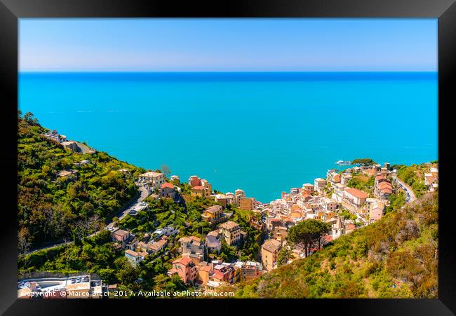 Aerial view of Riomaggiore  Framed Print by Marco Bicci