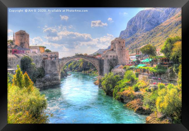 Stari Most over River Neretva in Mostar, Bosnia Framed Print by Art G