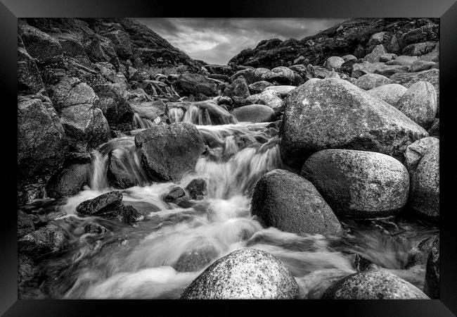 Stream Into Porth Nanven in Black and White Framed Print by Jennifer Higgs