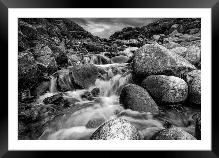 Stream Into Porth Nanven in Black and White Framed Mounted Print by Jennifer Higgs