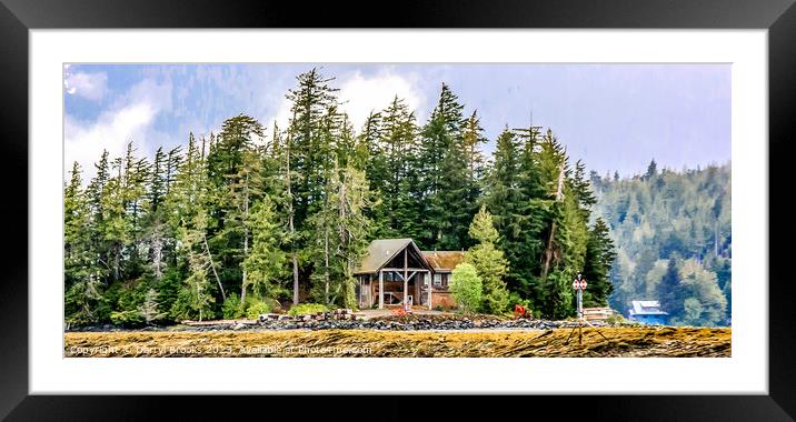 Cabin on Shore of Fir Covered Island Framed Mounted Print by Darryl Brooks