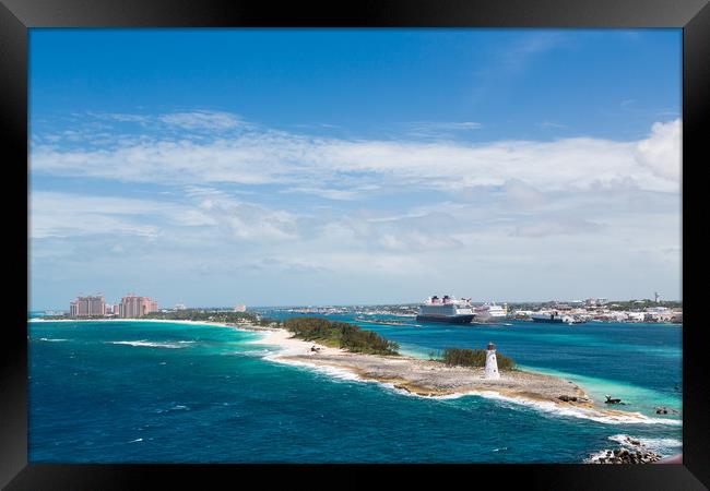 Bahamas Lighthouse with Nassau and Resort in Backg Framed Print by Darryl Brooks