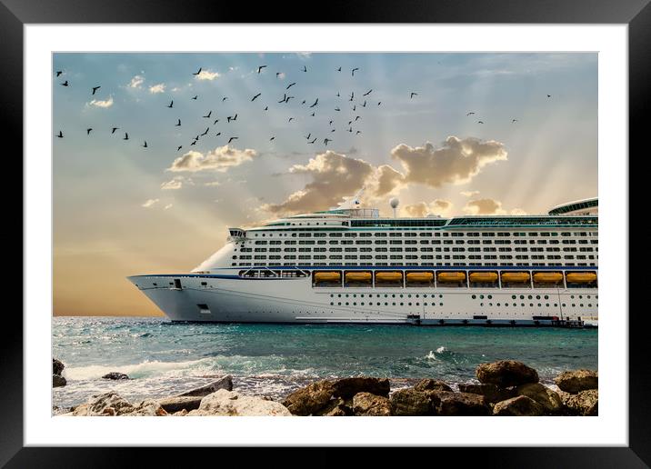 Front of Luxury Cruise Ship Moored Beyond Rocks Framed Mounted Print by Darryl Brooks