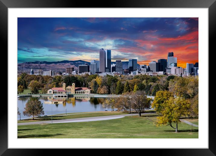 Denver Skyline and Mountains Beyond Lake Framed Mounted Print by Darryl Brooks