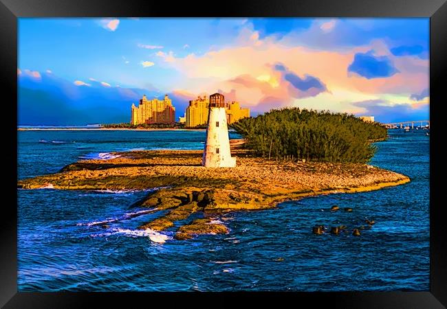 Bahamas Lighthouse with Resort Framed Print by Darryl Brooks