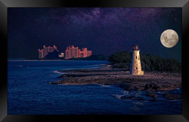 Lighthouse and Resort in Bahamas at Night Framed Print by Darryl Brooks