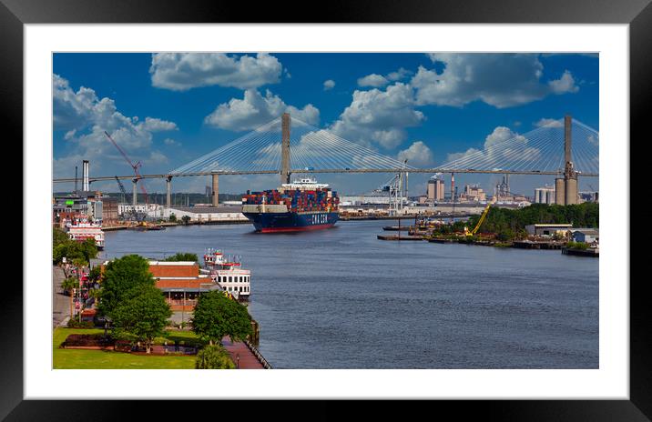 CMA CGM Freighter and Talmadge Memorial Bridge in Savannah Framed Mounted Print by Darryl Brooks