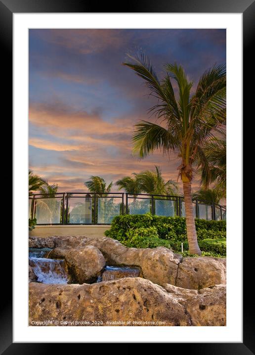 Palm Tree and Fountain at Dusk Framed Mounted Print by Darryl Brooks
