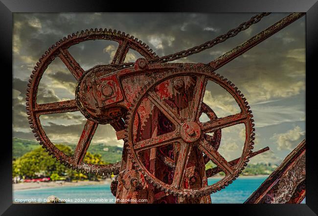 Rusty Gears on Old Red Crane Framed Print by Darryl Brooks