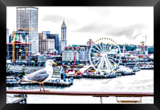Seagull and Seattle Ferris Wheel Framed Print by Darryl Brooks