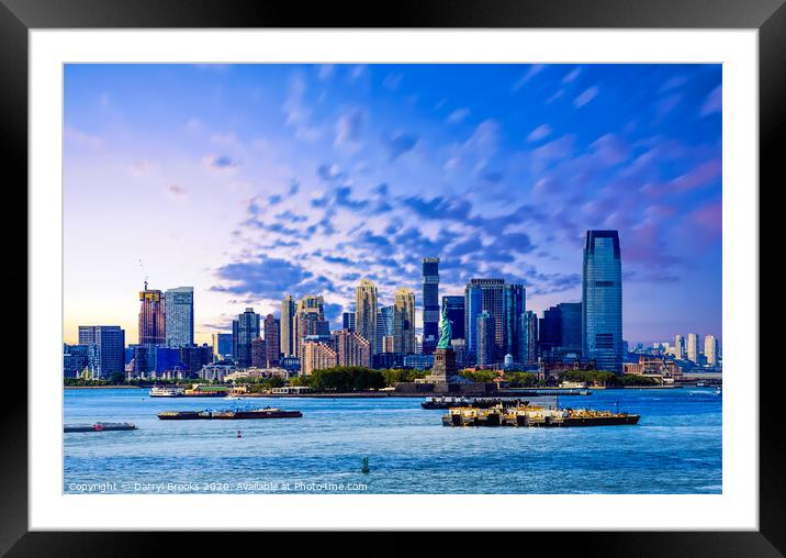 Statue of Liberty and Jersey City in Blue Hour Framed Mounted Print by Darryl Brooks
