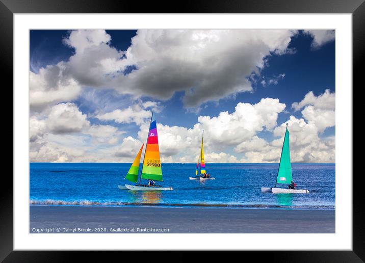 Three Sailboats Near Beach Framed Mounted Print by Darryl Brooks