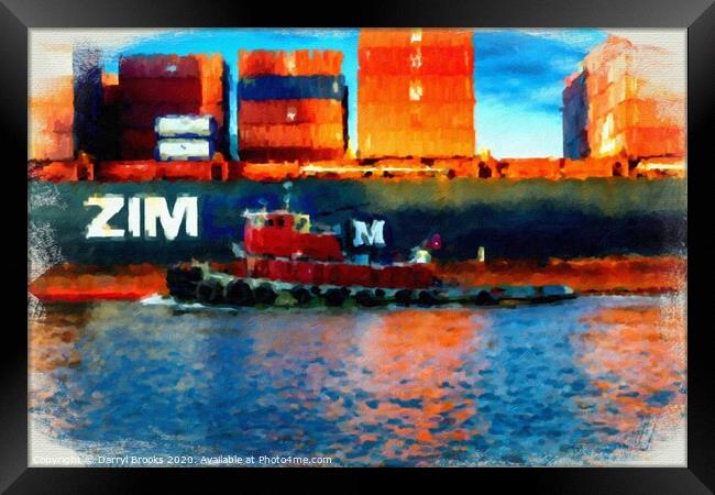 Tugboat and Zim Freighter Framed Print by Darryl Brooks