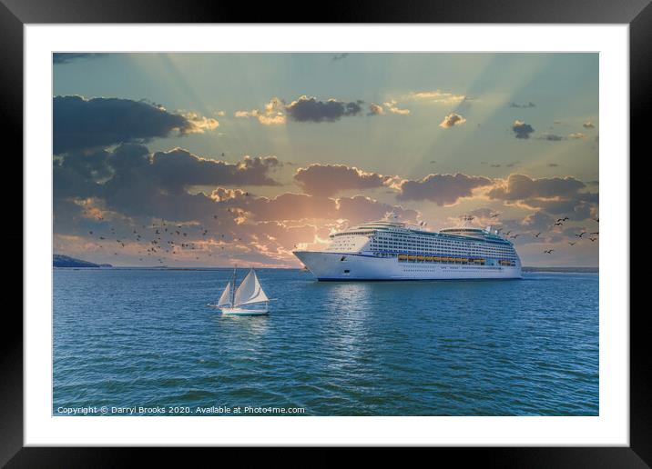 Sailboat and Cruise Ship at Sunset Framed Mounted Print by Darryl Brooks