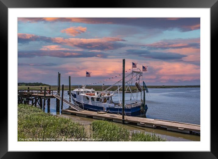 Shirmp Boat at Dock at Sunset Framed Mounted Print by Darryl Brooks
