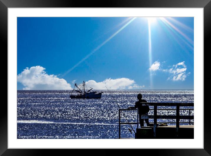 Fisherman and Shrimp Boat Under Sun Framed Mounted Print by Darryl Brooks