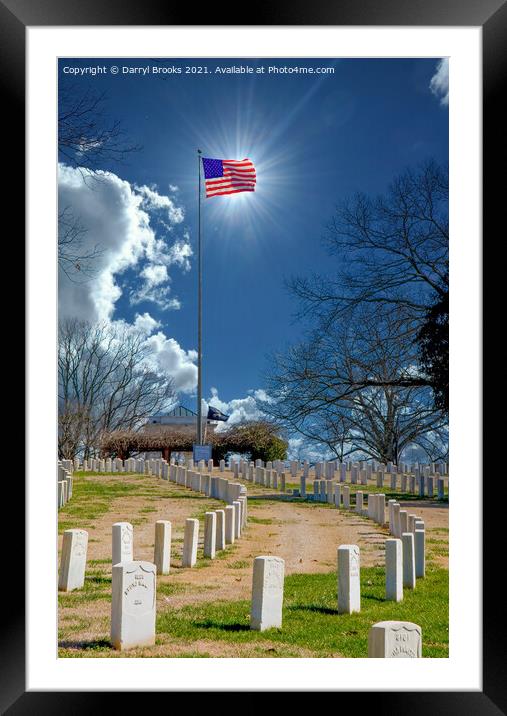 Sun Behind Flag at Cemetery Framed Mounted Print by Darryl Brooks