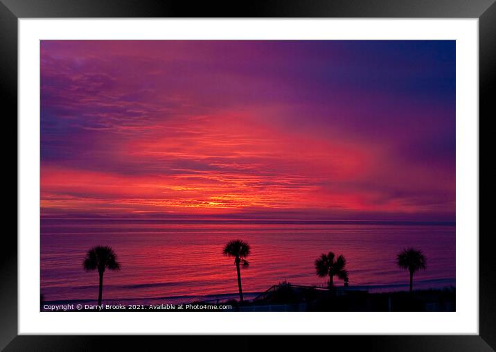 Palms in Silhouette Against Purple Sunrise Framed Mounted Print by Darryl Brooks