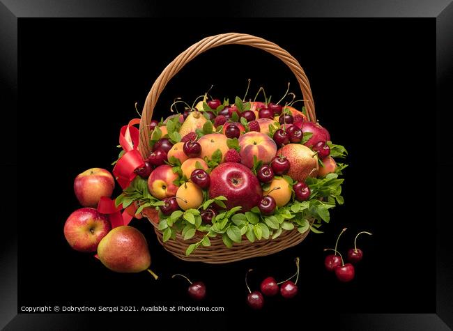 Basket with fresh fruits and berries on a black background Framed Print by Dobrydnev Sergei