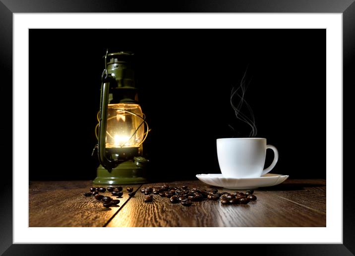 A cup of hot coffee and scattered grains of coffee Framed Mounted Print by Dobrydnev Sergei